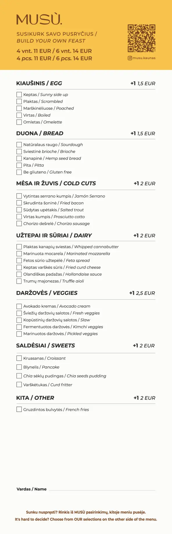 Musu brunch maisto meniu