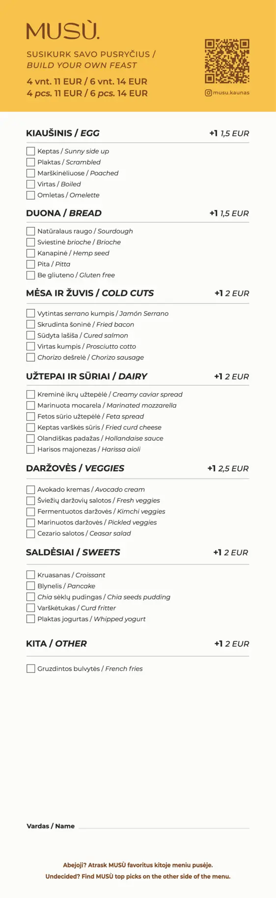Musu brunch maisto meniu